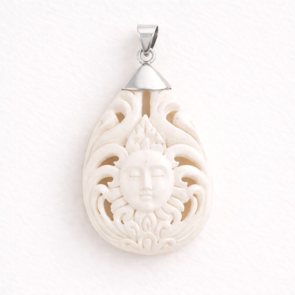 Bali Goddess Carved Bone Pendant in Sterling Silver Handcrafted Artisan Jewelry